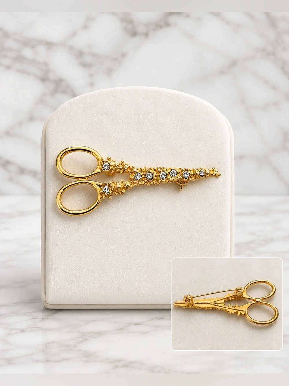 Gold Tone Scissors Brooch | Clear Rhinestone Novelty Pin | Sewing Theme